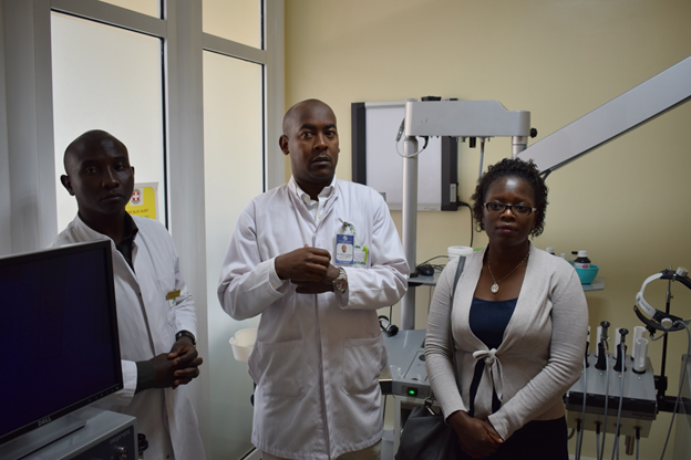 The ENT doctor assisted by a pediatric nurse.